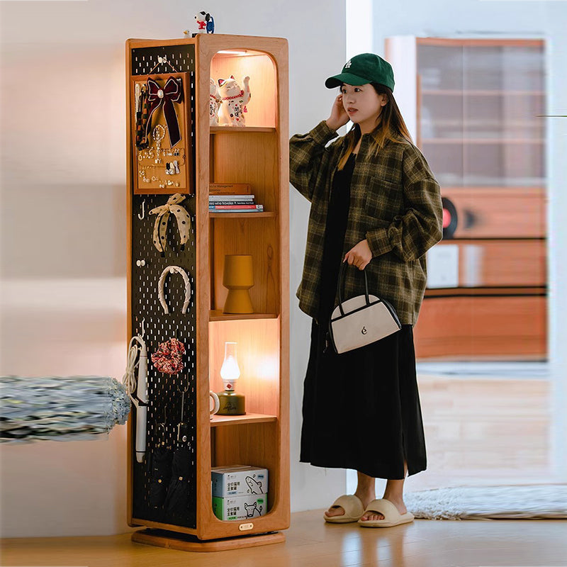 Contemporary Nordic Cherry Wood Iron Square Display Rack 5-Tier Swivel Full-Length Mirror Side Pegboard Storage For Living Room