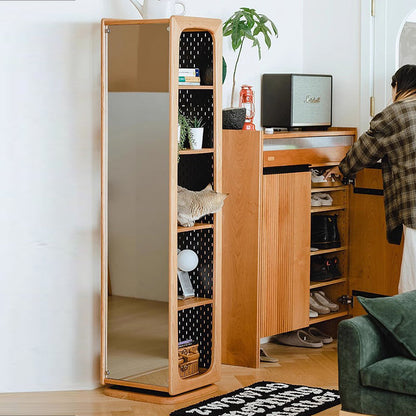 Contemporary Nordic Cherry Wood Iron Square Display Rack 5-Tier Swivel Full-Length Mirror Side Pegboard Storage For Living Room
