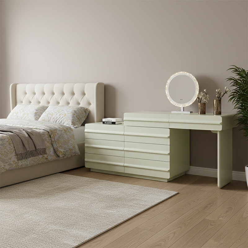 Space-saving Extendable Makeup Vanity - Nordic Matcha Green MDF Solid Wood Particle Board 6 Drawers Design For Bedroom