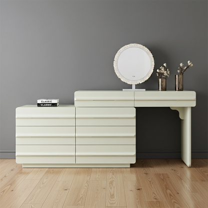 Space-saving Extendable Makeup Vanity - Nordic Matcha Green MDF Solid Wood Particle Board 6 Drawers Design For Bedroom