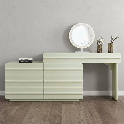 Space-saving Extendable Makeup Vanity - Nordic Matcha Green MDF Solid Wood Particle Board 6 Drawers Design For Bedroom