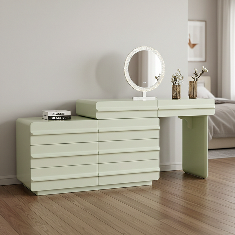 Space-saving Extendable Makeup Vanity - Nordic Matcha Green MDF Solid Wood Particle Board 6 Drawers Design For Bedroom