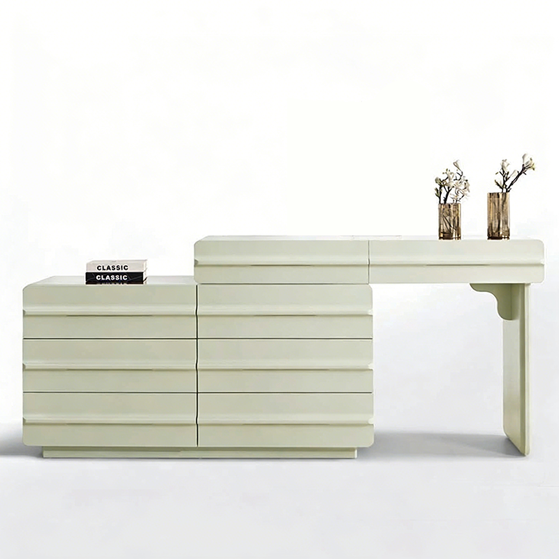 Space-saving Extendable Makeup Vanity - Nordic Matcha Green MDF Solid Wood Particle Board 6 Drawers Design For Bedroom