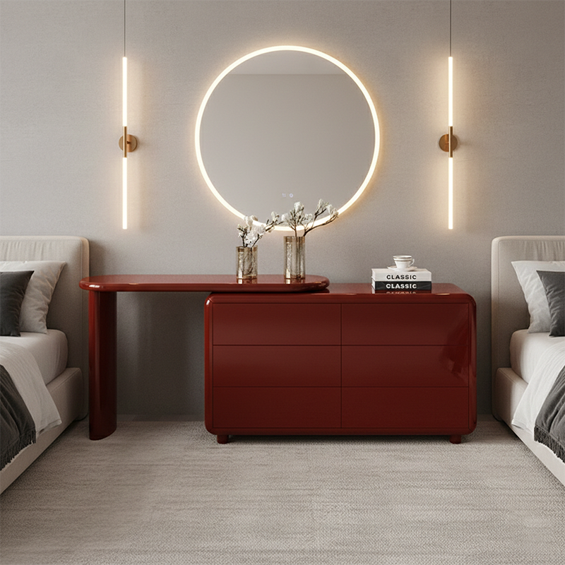 Stylish Red 6-Drawer Makeup Vanity - Nordic Design, Durable MDF & Solid Wood Particle Board For Bedroom