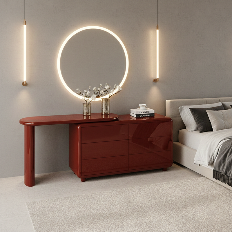Stylish Red 6-Drawer Makeup Vanity - Nordic Design, Durable MDF & Solid Wood Particle Board For Bedroom