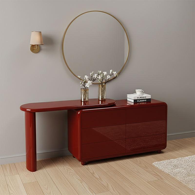 Stylish Red 6-Drawer Makeup Vanity - Nordic Design, Durable MDF & Solid Wood Particle Board For Bedroom
