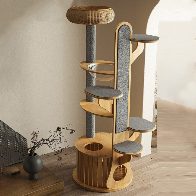 Modern Minimalist MDF Felt Round Cat Tree & Condo 3-Condo 4-Perche 1-Scratching Board For Living Room