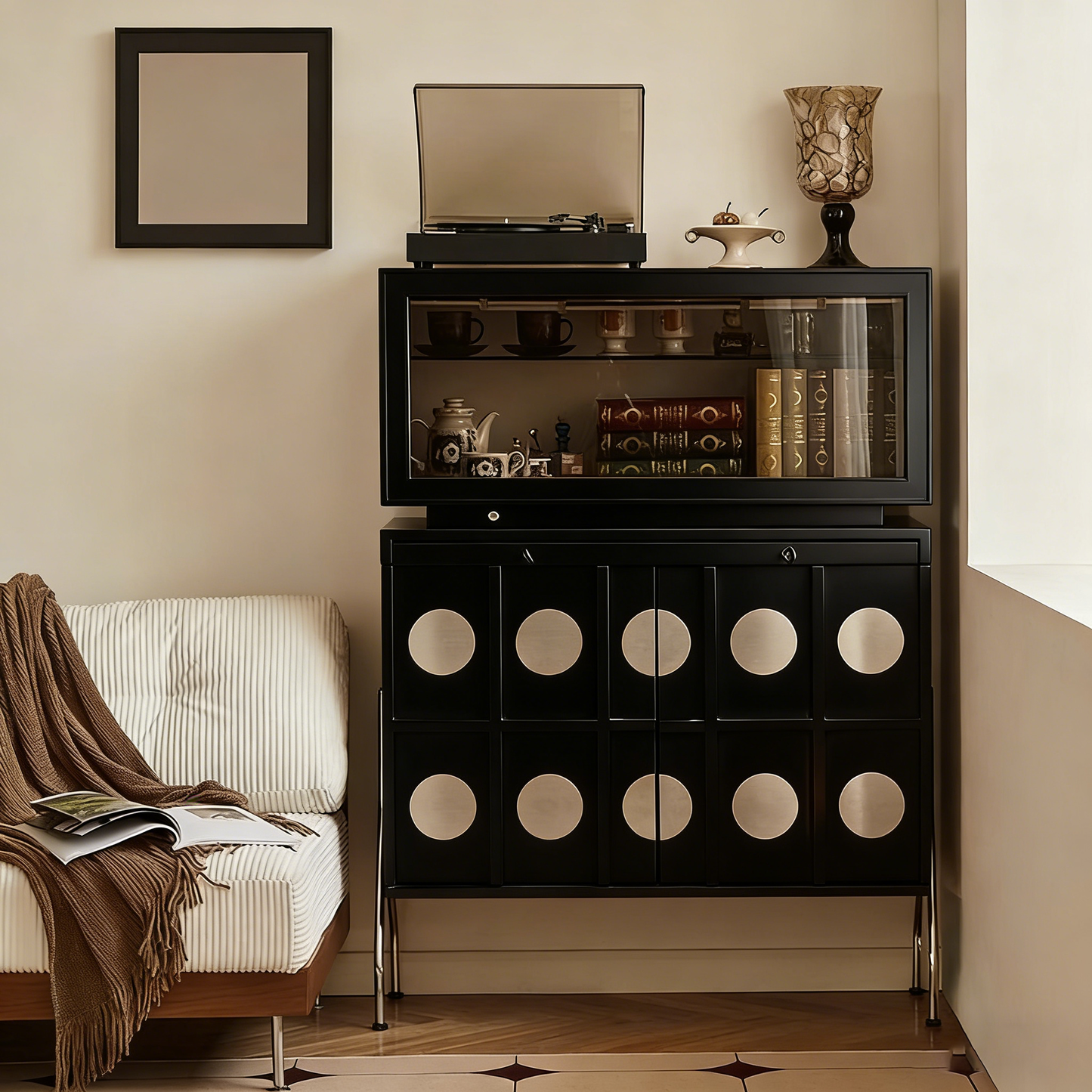 Contemporary Retro Rubberwood Solid Wood Plywood Glass Stainless Steel Rectangular Storage Cabinet 2-Tier For Living Room