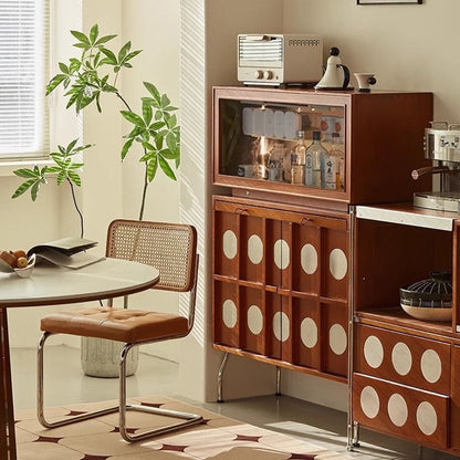 Contemporary Retro Rubberwood Solid Wood Plywood Glass Stainless Steel Rectangular Storage Cabinet 2-Tier For Living Room