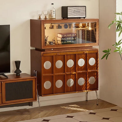 Contemporary Retro Rubberwood Solid Wood Plywood Glass Stainless Steel Rectangular Storage Cabinet 2-Tier For Living Room