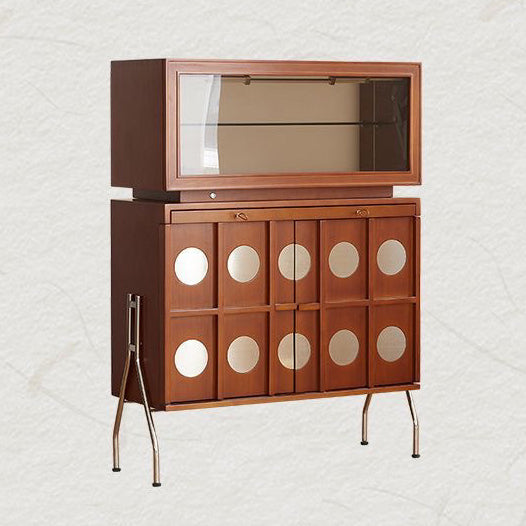 Contemporary Retro Rubberwood Solid Wood Plywood Glass Stainless Steel Rectangular Storage Cabinet 2-Tier For Living Room