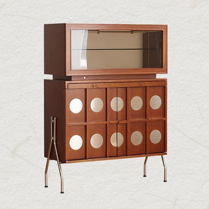Contemporary Retro Rubberwood Solid Wood Plywood Glass Stainless Steel Rectangular Storage Cabinet 2-Tier For Living Room