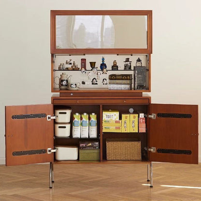 Contemporary Retro Rubberwood Solid Wood Plywood Glass Stainless Steel Rectangular Storage Cabinet 2-Tier For Living Room