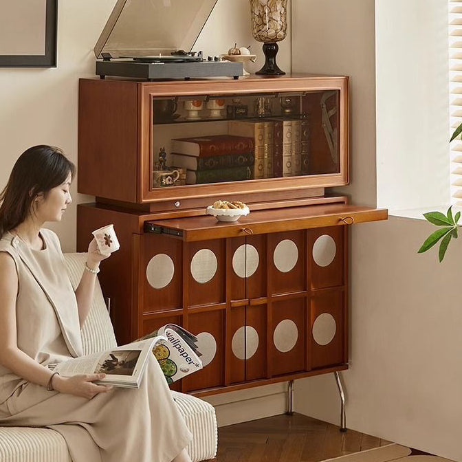 Contemporary Retro Rubberwood Solid Wood Plywood Glass Stainless Steel Rectangular Storage Cabinet 2-Tier For Living Room