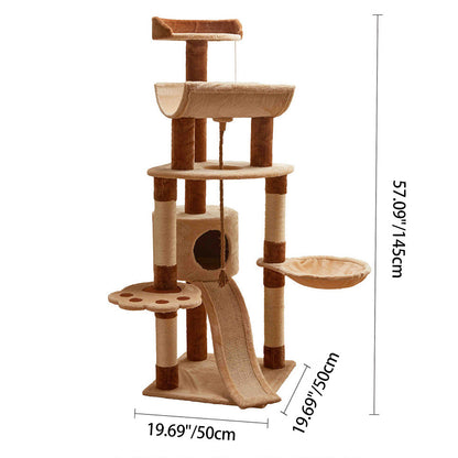 Modern Minimalist Particle Board Velvet Cardboard Tube Sisal Rope Square Cat Tree & Condo 1-Hammock 3-Condo 4-Scratching Post 1-Ladder 2-Perch For Living Room