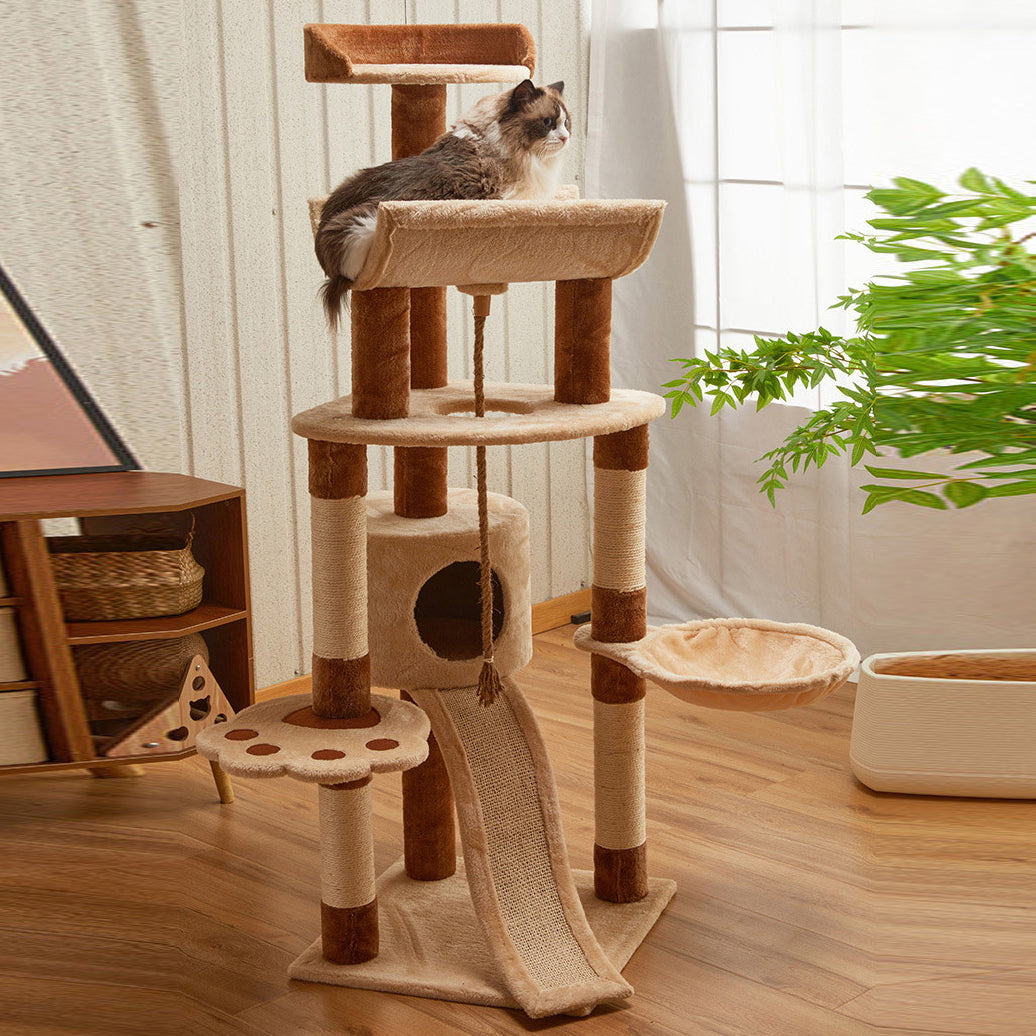 Modern Minimalist Particle Board Velvet Cardboard Tube Sisal Rope Square Cat Tree & Condo 1-Hammock 3-Condo 4-Scratching Post 1-Ladder 2-Perch For Living Room