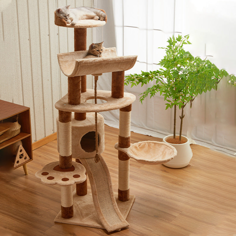 Modern Minimalist Particle Board Velvet Cardboard Tube Sisal Rope Square Cat Tree & Condo 1-Hammock 3-Condo 4-Scratching Post 1-Ladder 2-Perch For Living Room