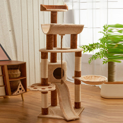 Modern Minimalist Particle Board Velvet Cardboard Tube Sisal Rope Square Cat Tree & Condo 1-Hammock 3-Condo 4-Scratching Post 1-Ladder 2-Perch For Living Room