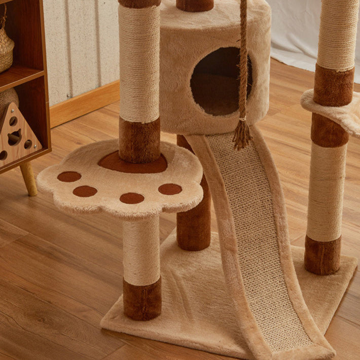 Modern Minimalist Particle Board Velvet Cardboard Tube Sisal Rope Square Cat Tree & Condo 1-Hammock 3-Condo 4-Scratching Post 1-Ladder 2-Perch For Living Room