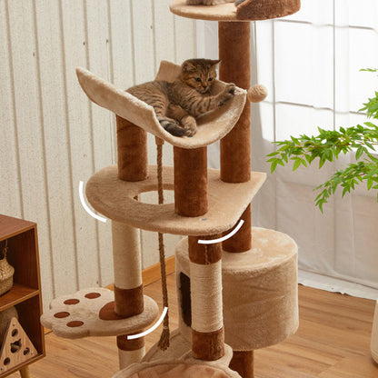 Modern Minimalist Particle Board Velvet Cardboard Tube Sisal Rope Square Cat Tree & Condo 1-Hammock 3-Condo 4-Scratching Post 1-Ladder 2-Perch For Living Room