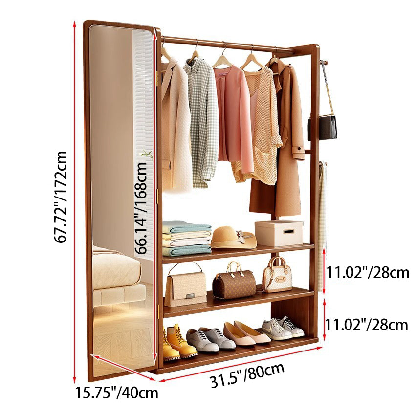 Modern Minimalist Rubberwood Glass Rectangular Hall Tree 3-Tier Full-Length Mirror For Bedroom & Living Room