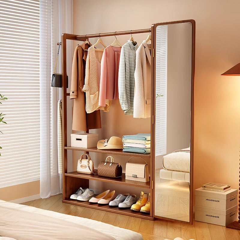 Modern Minimalist Rubberwood Glass Rectangular Hall Tree 3-Tier Full-Length Mirror For Bedroom & Living Room