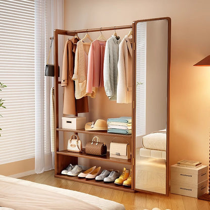 Modern Minimalist Rubberwood Glass Rectangular Hall Tree 3-Tier Full-Length Mirror For Bedroom & Living Room