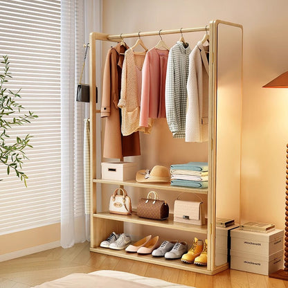 Modern Minimalist Rubberwood Glass Rectangular Hall Tree 3-Tier Full-Length Mirror For Bedroom & Living Room
