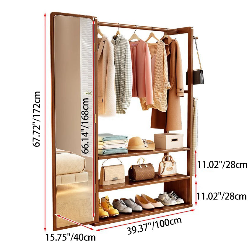 Modern Minimalist Rubberwood Glass Rectangular Hall Tree 3-Tier Full-Length Mirror For Bedroom & Living Room