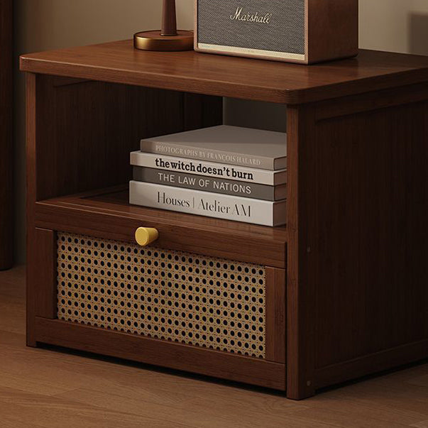Contemporary Retro Nan Bamboo Composite Board Resin Rattan Rectangular Weaving Hall Tree 2-Tier Bedside Storage For Bedroom