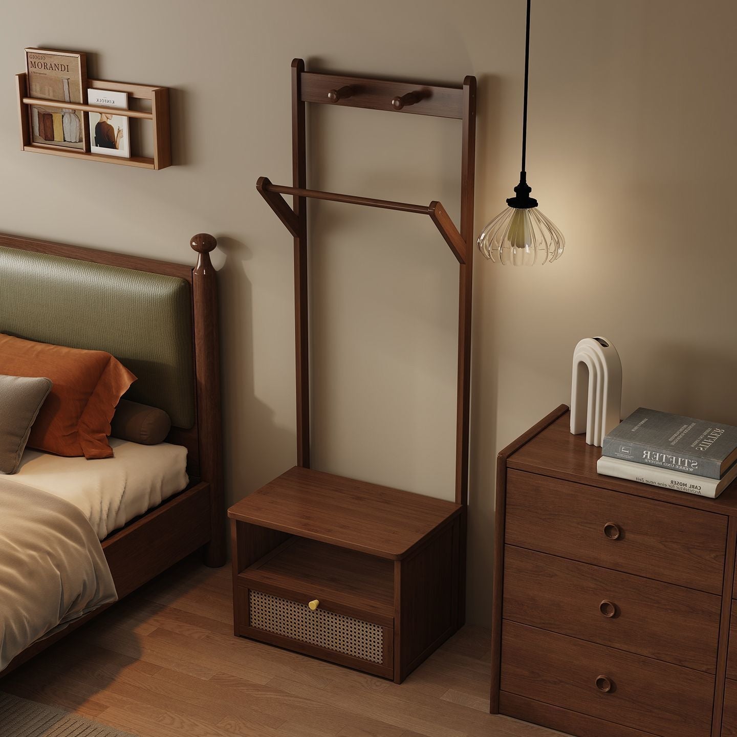 Contemporary Retro Nan Bamboo Composite Board Resin Rattan Rectangular Weaving Hall Tree 2-Tier Bedside Storage For Bedroom