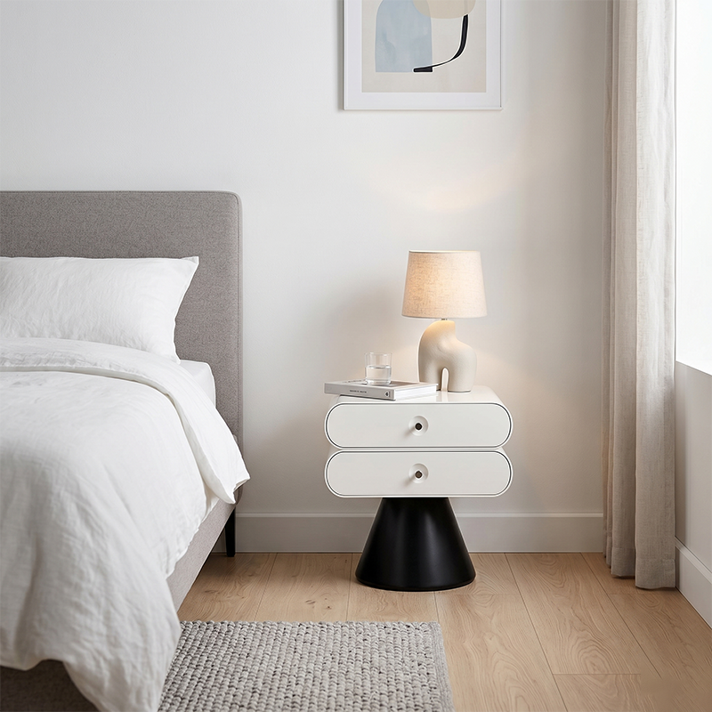 Contemporary Tapered Legs & Curved Edges Nightstand - Nordic Stylish Black And White Bedside Table With 2 Drawers For Bedroom