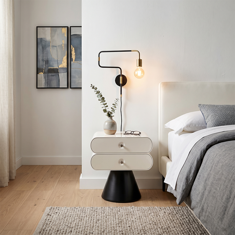 Contemporary Tapered Legs & Curved Edges Nightstand - Nordic Stylish Black And White Bedside Table With 2 Drawers For Bedroom