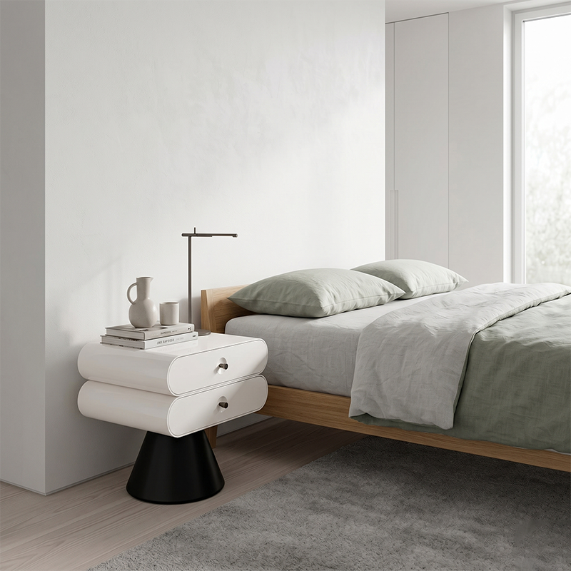 Contemporary Tapered Legs & Curved Edges Nightstand - Nordic Stylish Black And White Bedside Table With 2 Drawers For Bedroom