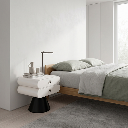 Contemporary Tapered Legs & Curved Edges Nightstand - Nordic Stylish Black And White Bedside Table With 2 Drawers For Bedroom