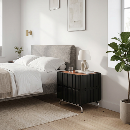 Sleek Vertical Stripes Design Nightstand - Nordic Bedside Table With Rectangular Design & 2 Spacious Drawers, Black & White Color Choices For Bedroom