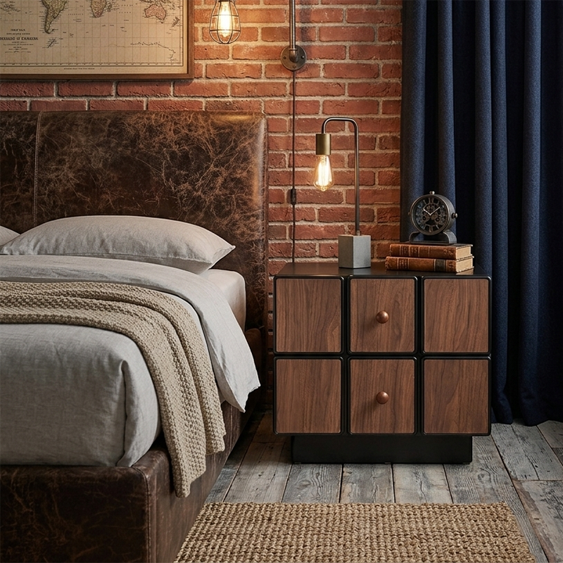 Contemporary Geometric MDF Nightstand - Retro Color Contrast Panels Bedside Table With 2 Drawers & Circular Handles For Bedroom