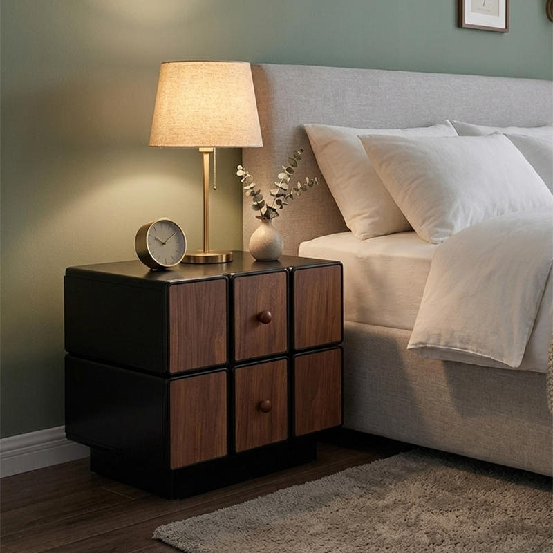 Contemporary Geometric MDF Nightstand - Retro Color Contrast Panels Bedside Table With 2 Drawers & Circular Handles For Bedroom