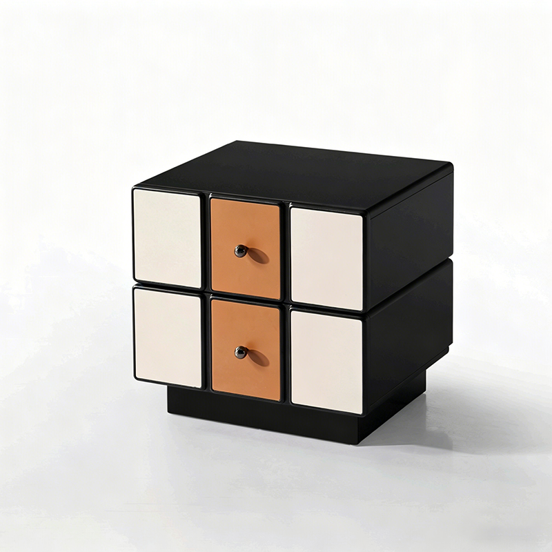 Contemporary Geometric MDF Nightstand - Retro Color Contrast Panels Bedside Table With 2 Drawers & Circular Handles For Bedroom
