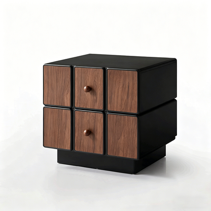 Contemporary Geometric MDF Nightstand - Retro Color Contrast Panels Bedside Table With 2 Drawers & Circular Handles For Bedroom