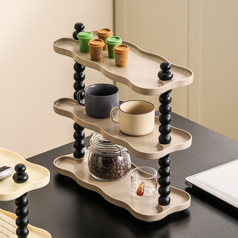 Contemporary Nordic High-Density Resin Oak Wood Rectangular Wave-Shaped Desktop Storage Shelf 3-Tier For Living Room & Bedroom