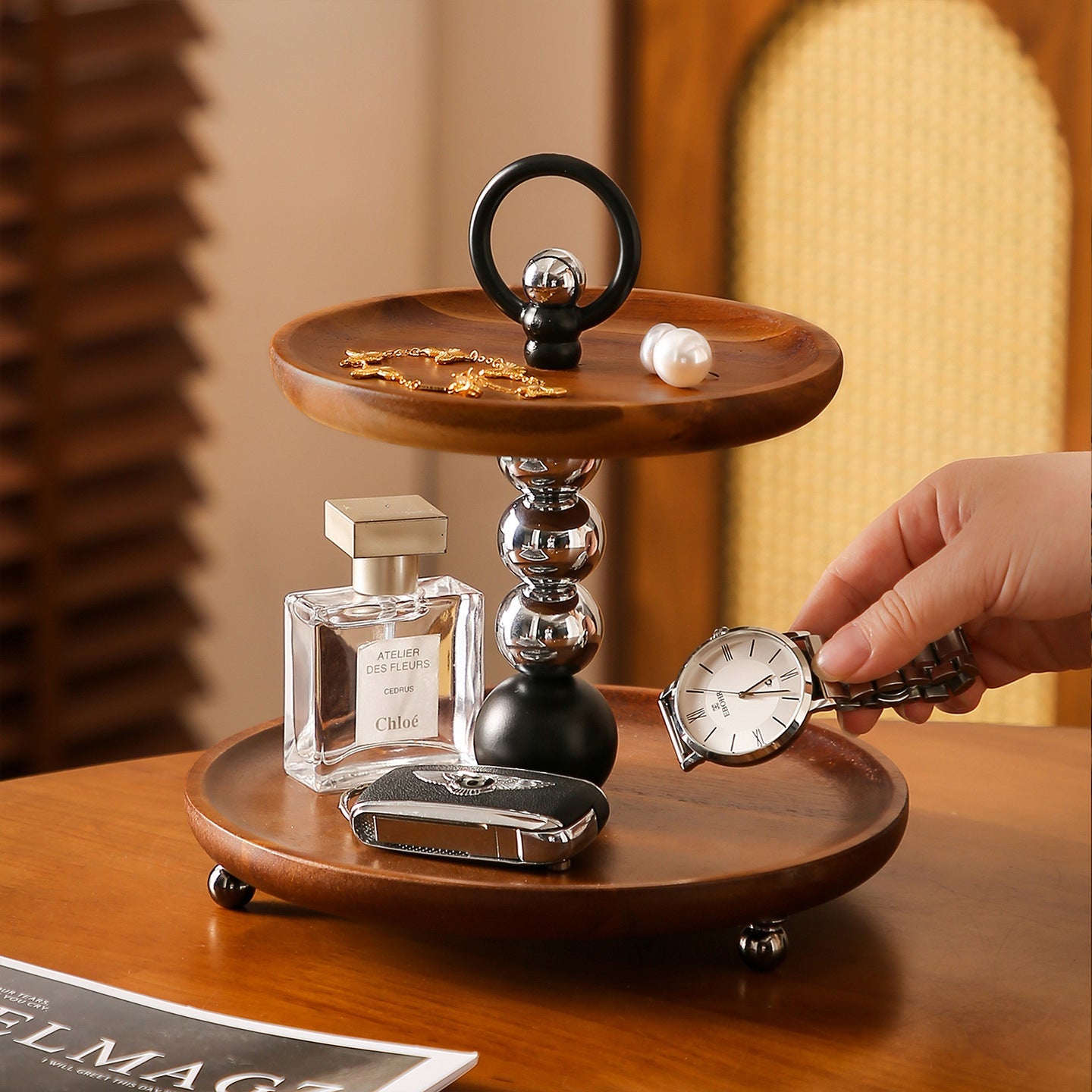 Contemporary Retro Acacia Wood Iron Round Desktop Storage Shelf 2-Tier For Living Room & Bedroom