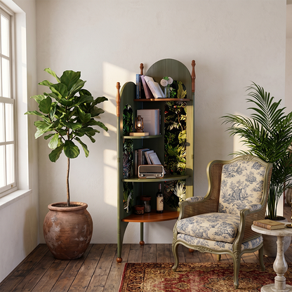 Rustic Study Solid Ash Wood Corner Shelf Unit - French Bookshelf With 4/6-Tier Storage With Velvet Accents, Room Divider For Living Room