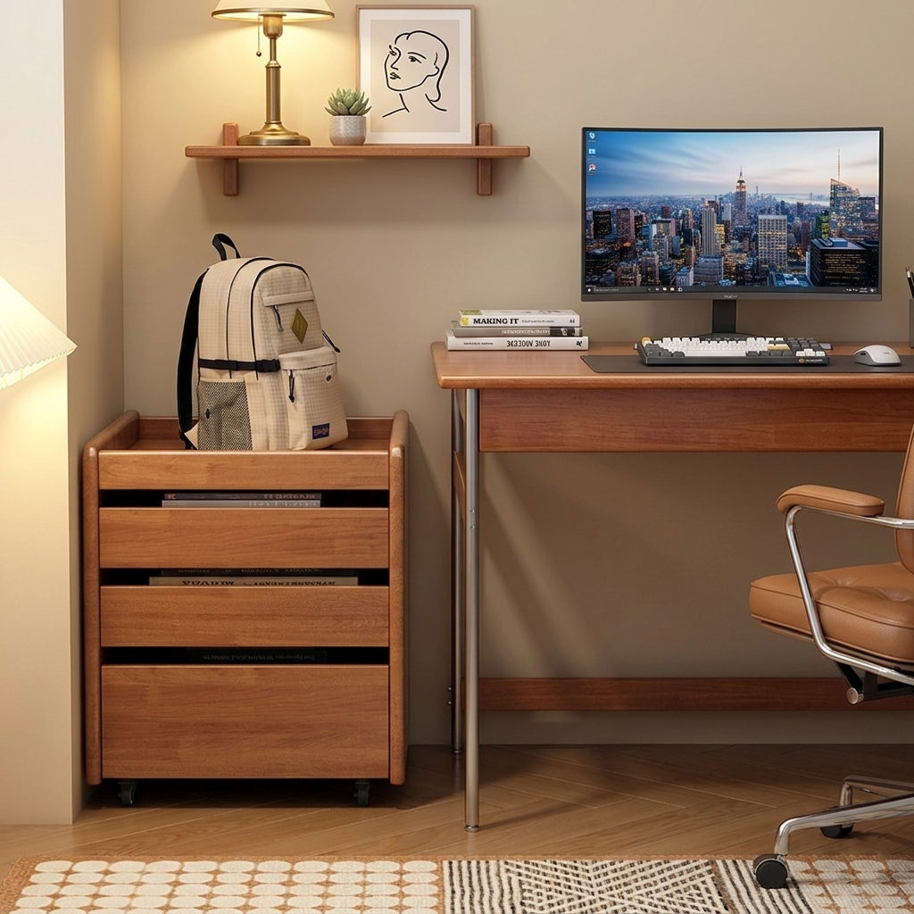 Contemporary Nordic Pine Wood Rubberwood Plywood Square Movable Storage Cabinet 3-Drawer For Bedroom & Living Room
