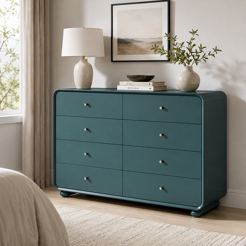 Rounded Edge Design, White Or Peacock Blue Finish Storage Cabinet - Nordic Cabinet With 5/8 Drawers, Durable MDF, Chest Of Drawers For Home Organization For Living Room