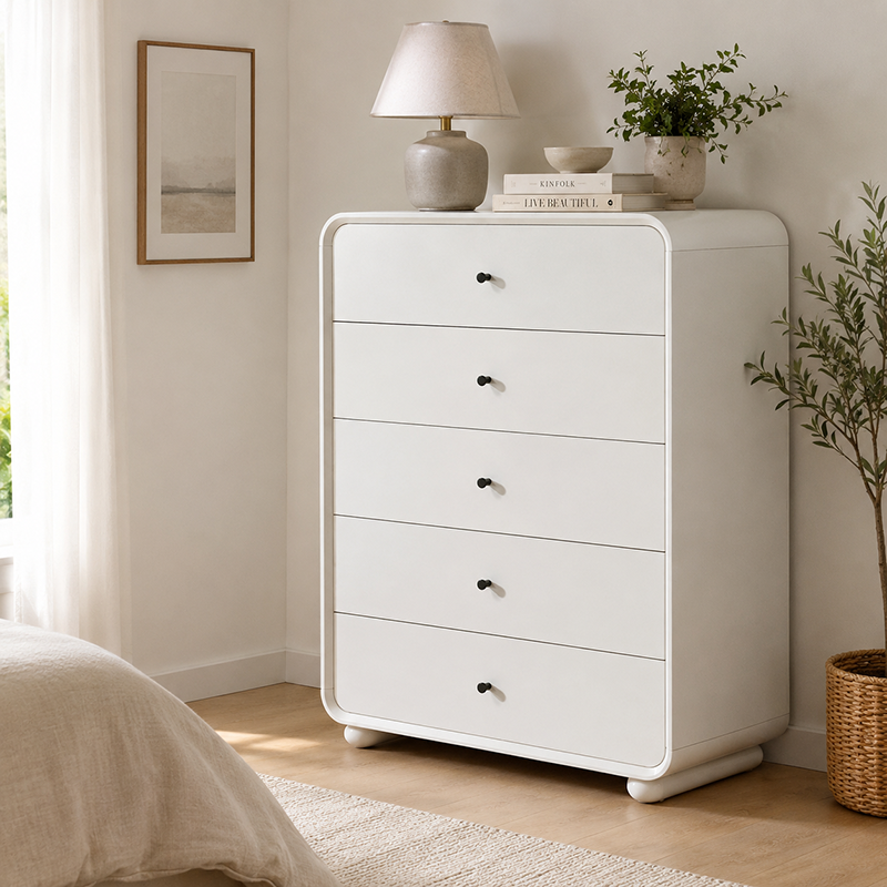 Rounded Edge Design, White Or Peacock Blue Finish Storage Cabinet - Nordic Cabinet With 5/8 Drawers, Durable MDF, Chest Of Drawers For Home Organization For Living Room