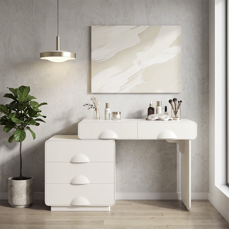 Large Capacity Extendable Vanity & Dresser Combo Makeup Vanity - Nordic White MDF Makeup Table With Spacious Drawers, Nordic Bedroom Storage Furniture For Bedroom