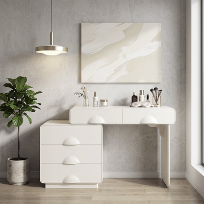 Large Capacity Extendable Vanity & Dresser Combo Makeup Vanity - Nordic White MDF Makeup Table With Spacious Drawers, Nordic Bedroom Storage Furniture For Bedroom