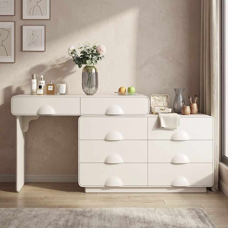 Large Capacity Extendable Vanity & Dresser Combo Makeup Vanity - Nordic White MDF Makeup Table With Spacious Drawers, Nordic Bedroom Storage Furniture For Bedroom