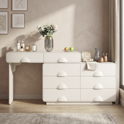 Large Capacity Extendable Vanity & Dresser Combo Makeup Vanity - Nordic White MDF Makeup Table With Spacious Drawers, Nordic Bedroom Storage Furniture For Bedroom